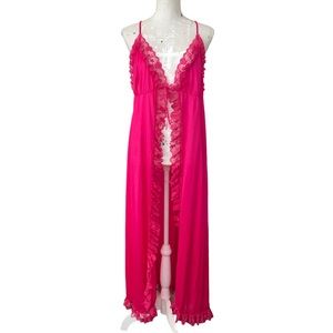 $10 SALE! Vintage ERICA LOREN New York Hot Pink Lace Open Front Nightie Gown M